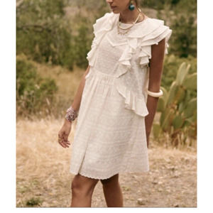 Sezane Robe Alexane Dress Sz 36/4 Eyelet Embroidered Ruffle Sleeveless Ecru